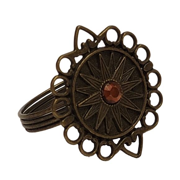 Medallion Napkin Rings Set of 4 Pewter‎ Bronze Tone Faux Gem Steampunk Starburst - Picture 3 of 6